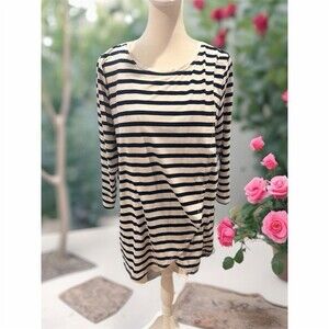 Motherhood Maternity Tunic Top Womens M Blue Ivory Striped Boat Neck 3/4